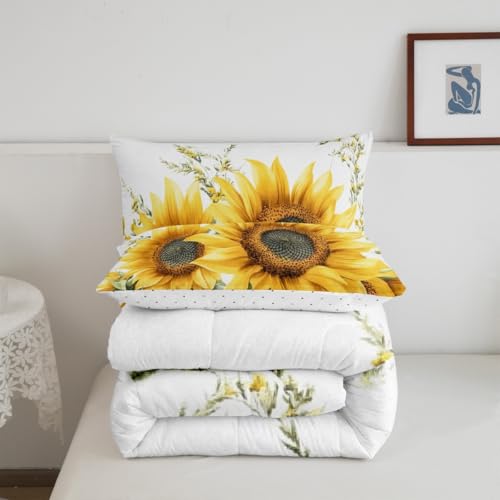 Image of Feelyou Sunflower Comforter Set Watercolor Botanical Branches Kids Comforter for Boys Girls Floral Print Bedding Set Nature Duvet Set Room Decor Quilt Queen Size Boys