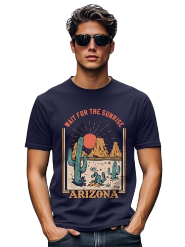 Image of Veirdo Regular Fit Half Sleeves Round Neck Arizona Typographic Printed Pure Cotton T-Shirt for Men (Colors: Green & Navy)