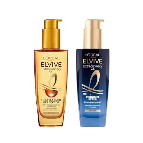 L’Oréal Paris Elvive Extraordinary Oil Nourished Hair Treatment Set, Ultimate Day & Night Routine For Dry Hair, Intensely Nourished, Soft & Supple, Bundle 2 X 100ml