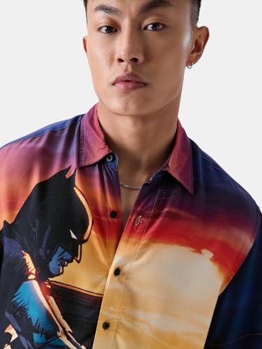 Image of The Souled Store Official DC: Caped Crusader Mens and Boys Relaxed fit Graphic Printed Half Sleeve Rayon Multicolored Holiday Shirts (217670) Holiday Shirts Fashionable Trendy Graphic Prints Pop
