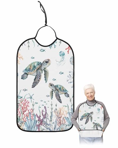 LEOKOTI Sea Turtle Adult Bibs for Eating, Waterproof Bibs with Food Catcher & Adjustable Snap Closure, Summer Beach Coral Ocean Nautical Coastal Washable Clothing Protectors Adult Bibs for Elderly