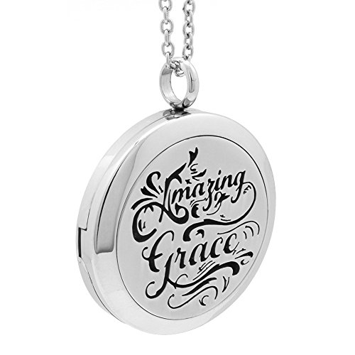 AromaRain Amazing Grace Essential Oil Diffuser Necklace Locket for Aromatherapy - 316L Surgical Stainless Steel with 5 Oil Pads