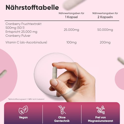 Cranberry Kapseln mit Vitamin C - entspricht ca. 25.000mg Cranberry Pulver (50:1) - 6 Monate Vorrat - 180 Stück & Vegan - 100mg Vit C - 1-2 Kapseln Täglich - Preiselbeeren - WeightWorld
