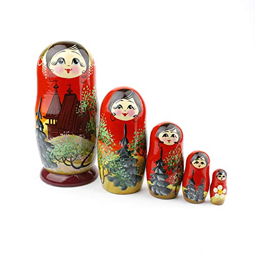 Heka Naturals La Iglesia Muñecas de Anidación | Set de 5 (18 cm) Muñecas de Madera Matrioska - Tradicional Babushka Decoración Hogar, Juguetes de Madera, Hechos a Mano