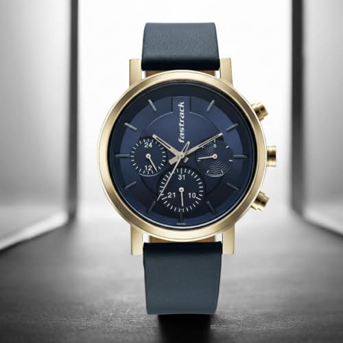 Image of Fastrack Chrome K Quartz Analog with Blue Dial Blue Leather Strap Watch for Men - 3287QL04