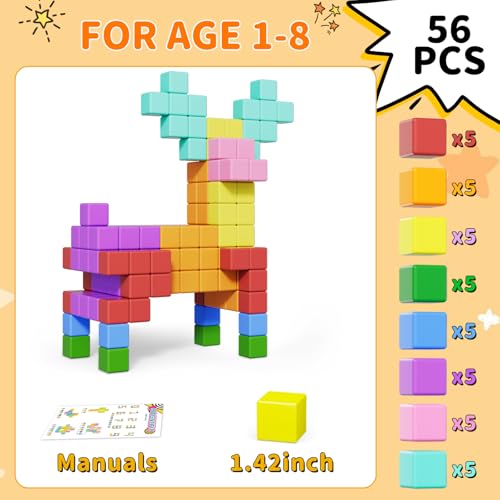 Image of Magnetic Blocks Large, 56PCS 1.42in Magnetic Building Blocks for Kids Ages 4-8, STEM Sensory Travel Autism Montessori Toys for Toddlers, Learning Construction Magnetic Cubes for Birthday Gift