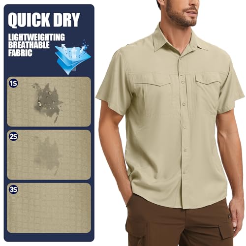 Men's Safari Hiking UPF 50+ UV Short Sleeve Button Work Shirt Lightweight Cooling Quick Dry Outdoor Sun Protection Fishing Shirts, 5089, Khaki, XL by Lizorn - Used condition - Image 5
