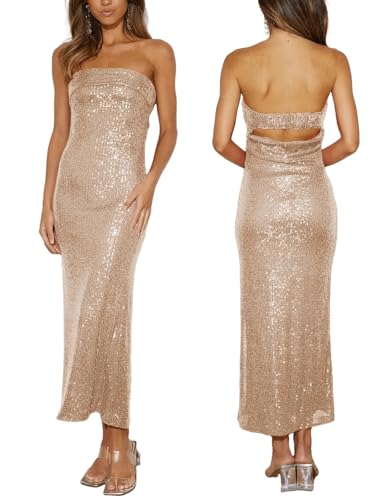 YISENRIY Women Strapless midi Sequin Dresses Bodycon Sleeveless Wedding Guest