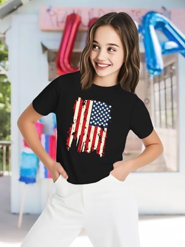 Image of VVNTY Girls American Flag Crop Tops Kids USA Crop Shirt Patriotic 4th of July Tops 5-14 Years