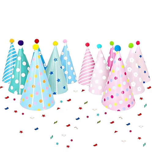 12 PCs Party Hats Birthday Cone Hats DIY Party Hat with Pom Poms,Lovely Birthday Cake Cone Paper Hats Headbands Decoration DIY Activity Kit