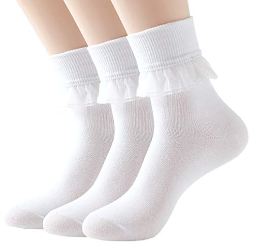 SRYL Women Lace Ruffle Frilly Ankle Socks Fashion Ladies Girl Princess YYS09 (3 Pairs-white)