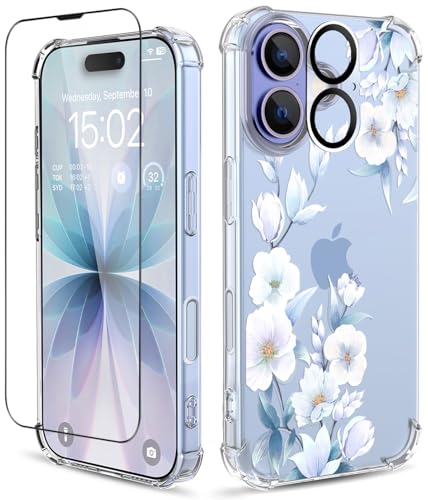 ilnehc for iPhone 17 Case,[3 in 1] with Screen Protector & Camera Lens Protector, Flower Pattern Design,Clear Soft Shockproof Slim Floral Phone Cover for Women Girls 2025 6.3" (Hibiscus/Blue)