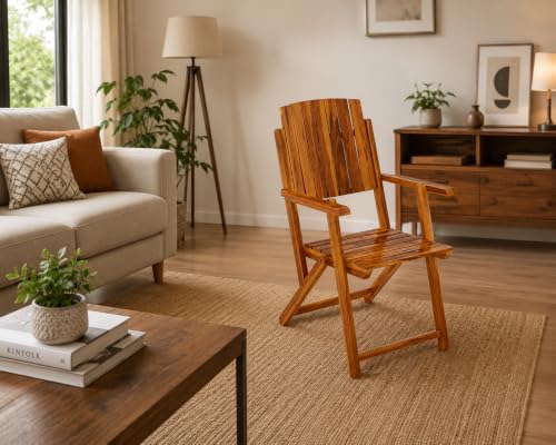 Image of WELL KNOWN Wooden Folding Chair | Portable Foldable Armchair for Balcony, Patio, Living & Drawing Room | Sheesham Wood, Honey Finish (Nature)