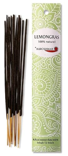 12 Stück – AUROSHIKHA Lemongras – Indische Räucherstäbchen 100% natürlich ohne Chemie für Meditation & Entspannung