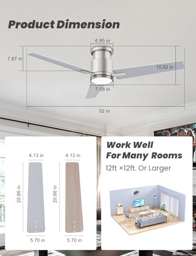 CJOY 52" Low Profile Ceiling Fan with Light and Remote, Brushed Nickel Ceiling Fans, 6 Speed Reversible DC Motor, 3CCT Dimmable LED- Flush Mount Design for Bedroom, Living Room & Covered Outdoor
