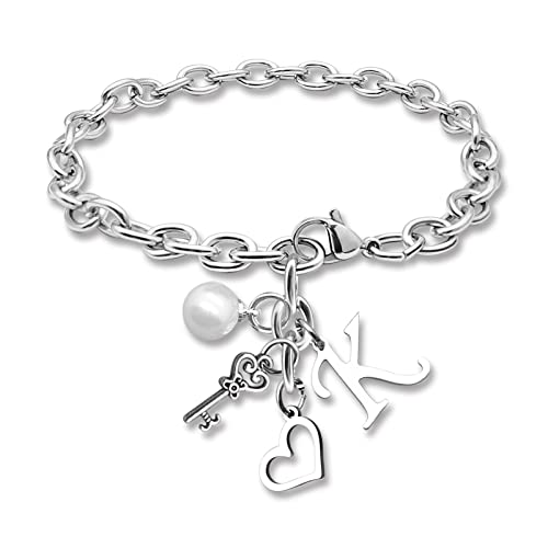 Initial A-Z Bracelets Gift for Women Girls Stainless Steel Chain Bracelet 26 Alphabet Jewelry Gifts for Birthday Anniversary Letter Bracelet Monogram Gifts for Sister Friend Girlfriends Mom 8.26 Inch