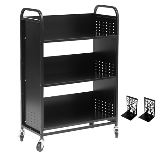 Book Cart with Wheels, 200LBS Steel Library Cart, 30x14x49 Inch Rolling Carts with 3 Layer Bookshelf, Single Sided V-Shaped Shelves, Lockable Bookcase Truck for Office, Home, School Organizer (Black)