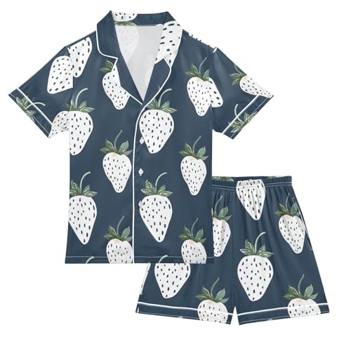 ALAZA White Strawberry Navy Blue Pajamas Satin Pajama Set Short Sleeve Button Down Sleepwear