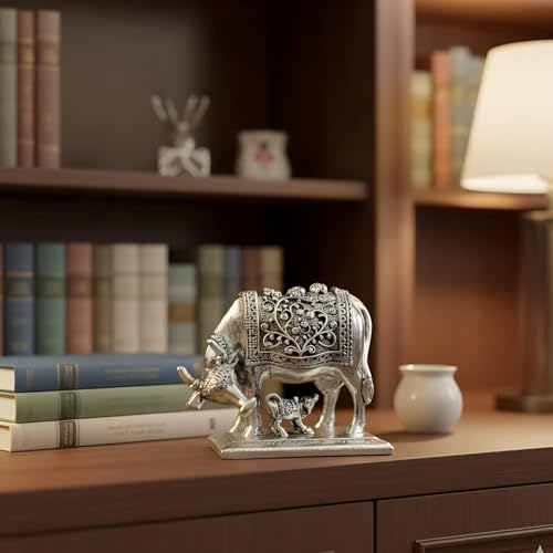 Image of 999 Pure Silver Plated Kamdhenu Cow Idol | 4 Inch Vastu Home Decor | Symbol of Prosperity & Abundance | Auspicious Religious Gift for Pooja Room & Mandir
