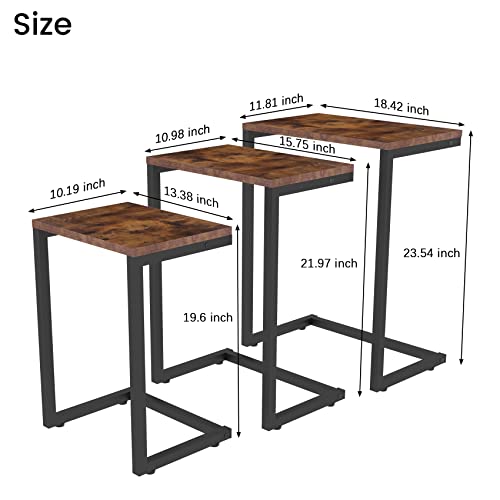 Snack Side Table Nesting End Tables Set Of 3, C Shaped End Table With Adjustable Height, C Side Tables For Sofa Couch And Bed, Rustic Brown Nesting C Shaped End Tables For Living Room, Home, Bedroom #TOP2