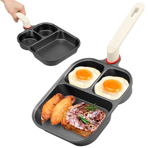 3-in-1 Divided Frying Pan, Nonstick Aluminium Alloy Breakfast Skillet with 2 Round & 1 Square Compartment for Eggs, Bacon & Pancakes, Even Heat for Induction Cookers, Gas, Electric and Ceramic Stoves