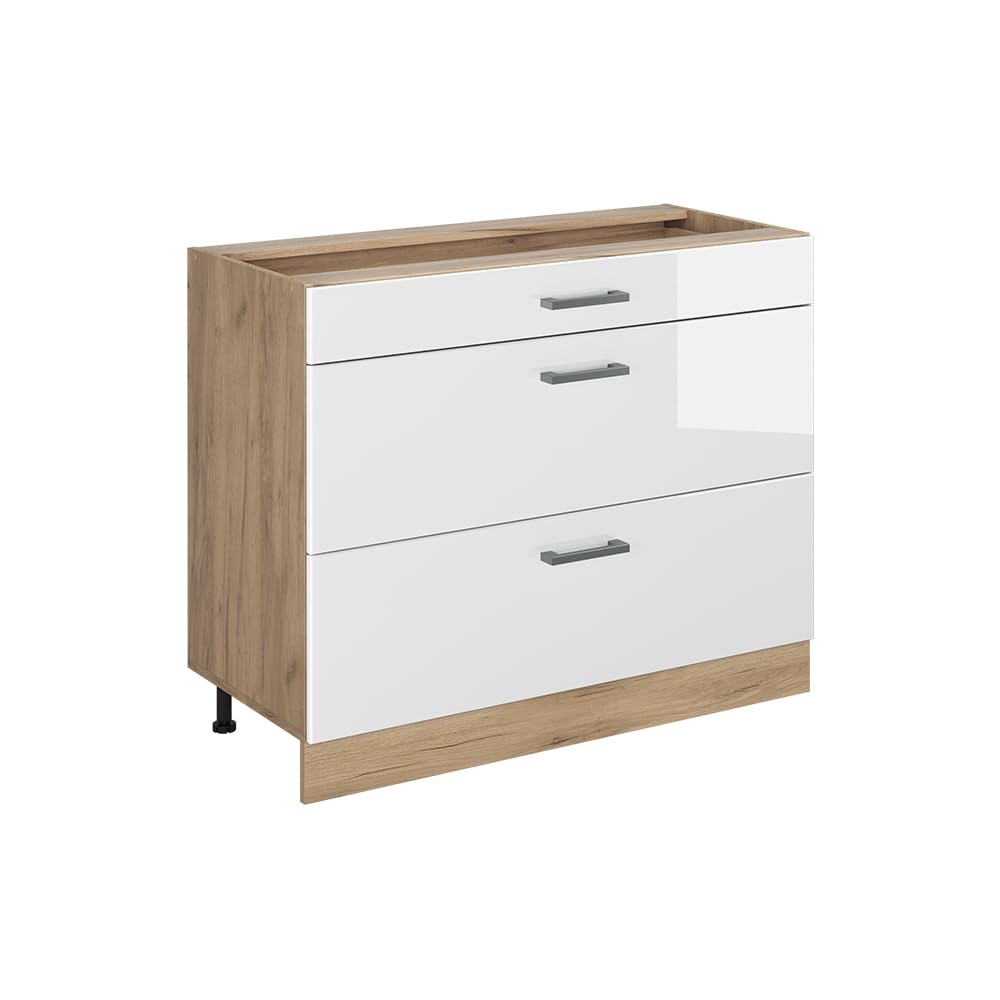Vicco Mobiletto base per cucina R-Line, Bianco lucido/Rovere dorato 100 cm