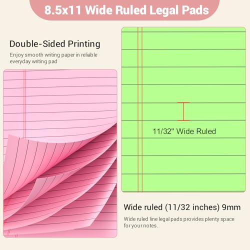 Image of Legal Pads 8.5 x 11 Colored Notepad, 12 Pack Wide Ruled Lined Paper | Micro Perforated Writing Pads 8.5 x 11, 30 Sheet /Note Pads, Pink Legal Pad 8.5 x 11 Notebook Colored Paper Tablet for School