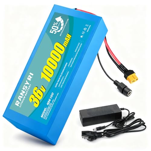 RANSYRI 36V 10Ah Universal Lithium Power Battery Pack with 20A BMS - Waterproof PVC Case, XT60 Ready, for DIY Projects and Outdoor Equipment (200-500W Support)