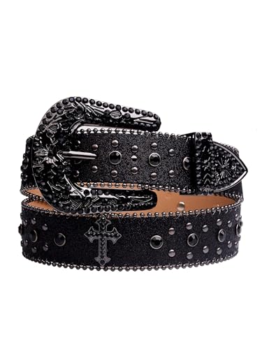 Verdusa Women's Rhinestone Studded Leather Belt Metal Buckle Rivet Western Waist Belts2