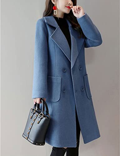 Bankeng Women Winter Wool Blend Camel Mid-Long Coat Notch Double-Breasted Lapel Jacket Outwear (Blue,L) #TOP1