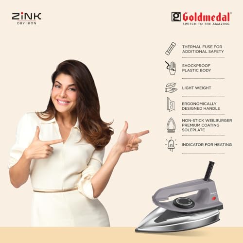 Image of Goldmedal Zink 1000W Dry Iron| Non-stick Weilburger Premium Coated Soleplate| 5 Fabric Setting|1.8 Meter Cord|Thermal Fuse Safety|Light Weight (Grey)