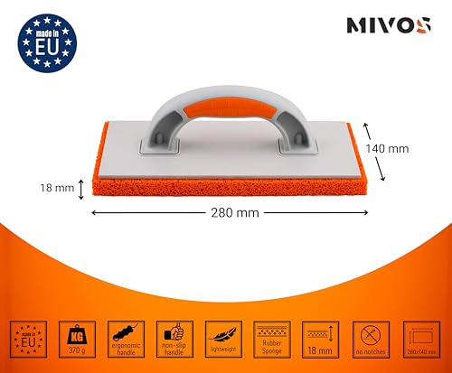 Mivos Reibebrett Kunststoff mit 18 mm Schwammgummi-Belag für Oberputz - Profi Stuckbrett 280 x 140 mm - Putzbrett mit Zweikomponenten-Griff - Schwammbrett für Putz - Made in EU