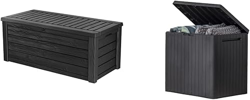 Keter Westwood - Caja grande de resina de 150 galones, organización y almacenamiento, caja de resina de 30 galones para muebles de patio, accesorios