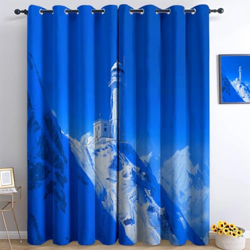 Paisaje Natural Faro Montañas Nevadas Cortinas de Regalo para Nueva Casa 140 x 300 cm Azul – Cortinas Opacas Elegantes y Prácticas, Set de 2 Paneles Ideal para Bodas, Cumpleaños o Mudanzas