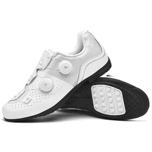 PENXZT Zapatillas De Ciclismo Hombre Antideslizantes Zapatillas Bicicleta Sin Bloqueo Suela Goma Zapatos Carretera y Montaña,Blanca,45 EU