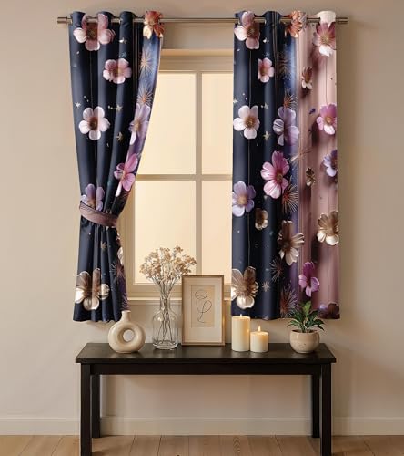 Image of Ultimate Trends Room Darkening Digital Printed 3D Prints Curtain 65-70% Opacity,Diamond Eyelets, Tie Back, Floral Decorated, 5 FEET Pack of 2,Midnight Blue