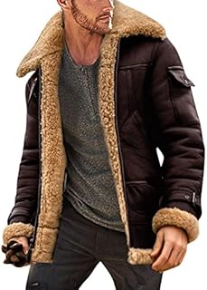 Winter Sherpa Lined Motorcycle Jacket,Thicken Faux-Fur Suede Sheepskin Cashmere Lapel Collar Long Sleeve Padded Cardigan Coat Heavyweight Solid Leather Belt Turn-Down Collar Parka Jacket