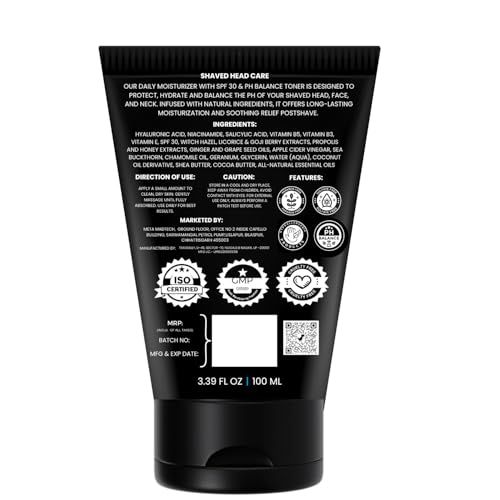 Image of BALD IS BOLD Daily Moisturizer with pH Toner & SPF 30 For Bald & Bold Head | Shaved Head & Bald Head Care| Healing & Protective, Hydrating, Non-Greasy, Lightweight Face & Scalp Cream | Reduces Wrinkles, Fine Lines, Dryness, Razor Bumps | Soothing Post-Shave Care for Bald Head | Anti-Aging & Sun Protection | Infused With Hyaluronic Acid, niacinamide, salicylic acid, Vitamin B5, Vitamin B3, Vitamin E, SPF 30, Witch Hazel,Goji Berry Extracts, Honey Extract, Apple Cider Vinegar, Sea Buckthorn, Shea & Cocoa Butter.100ml