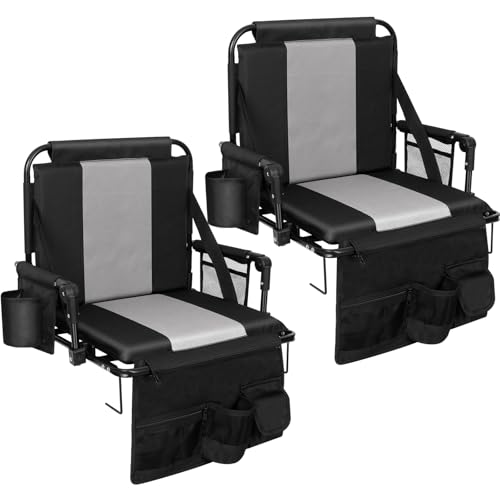 Romswi Folding Stadium Seat Bleacher 2PK Portable Outdoor Floor Folding Stadium Chair with Armrest,Back Support,Cup Holder,Mesh Bag and Hide Hooks