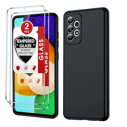 LeYi for Samsung Galaxy-A52-5G-Phone case: Samsung A52 Phone Case with 2PCS Tempered Glass Screen Protector,Full-Body Soft Liquid Silicone Shockproof, Slim & Anti-Scratch Case for Samsung A52, Black