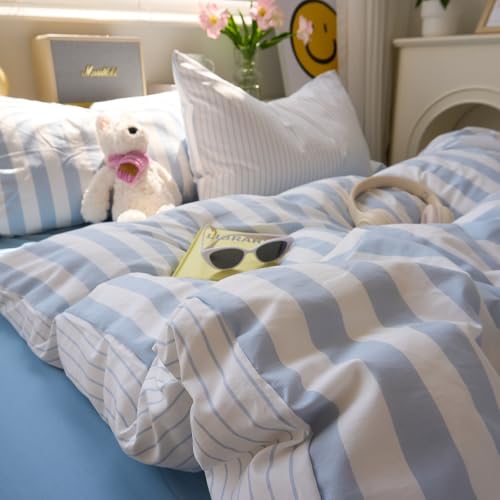 Image of VM VOUGEMARKET Queen Duvet Cover Set Blue White Striped Teens Boys Dorm Bedding Set Soft Lightweight Reversible Microfiber Farmhouse Duvet /Quilt Cover with Zipper-90 x90,Blue White