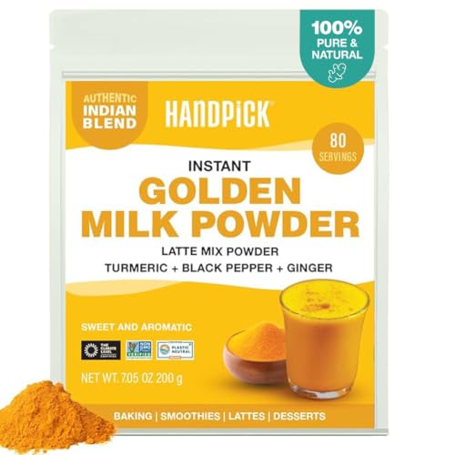 HANDPICK Golden Milk Powder with Turmeric - (7oz, 80 servings) Instant Latte Mix | Blend of Ginger...