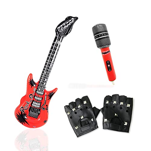 VIKSAUN 3 Piezas Punk Rocker Party Kit, Accesorios de Disfraz de Rocker de Los 70 80 90, Guantes de Roca, Inflables para Guitarra Punk Rockera, Accesorios de Disfraz Roca Metales Pesados Cover