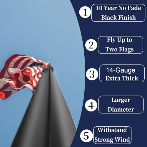 25FT Heavy Duty Flag Pole,14-Gauge Aluminum,Resist Strong Wind Reinforcement Ring Patent,Sectional Black Residential Flagpole Complete Kit - USA Flag,Black Ball, Aluminum Clips