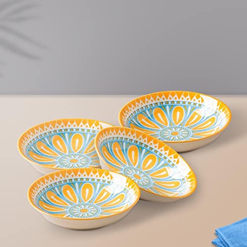 Image of Nestasia Ceramic Round Snack Plate Set of 4 (5.5 Inch Each) - Patterned Dahi Bhalla Plate for Serving Chaat, Halwa, Chakna, & Desserts | Microwave & Dishwasher Safe Small Plate (Blue & Orange)