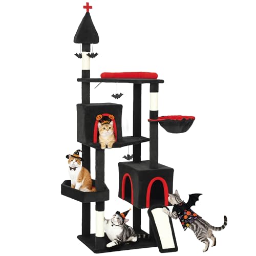 PawHut Gothic Cat Tree 78 Extra Tall Cat Tower for Indoor Kittens with 2 Spacious Condos Sisal Scratching Posts 4 Bat Hanging Balls Comfy Hammock Ramp Bed Black and Red Halloween