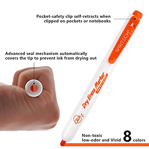 Image of WRITECH Retractable Dry Erase Markers: Fine Tip Assorted Color Low Odor Multi Colored Set Refillable Clickable Multicolor Thin Point Whiteboard Marker Bulk 12ct No Bleed Smear