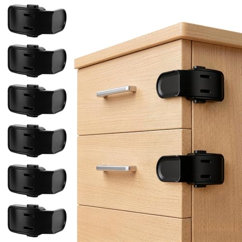 6 Pack Drawer Locks Black, Roctee Baby Proofing Lock for Right Angle Drawer Pull Out Thin Dresser Kitchen Cabinet Bedside Tables, Safety Latch Child Proofing 0-12 Month