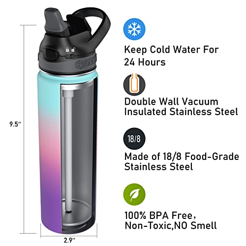 Icewater-24 Oz,Insulated Water Bottle With Straw,Stainless Steel,Bpa-Free,Powder Coated,Lockable Lid,Pop-Up Top,One-Handed Operation (24 Oz, Purple) #TOP2
