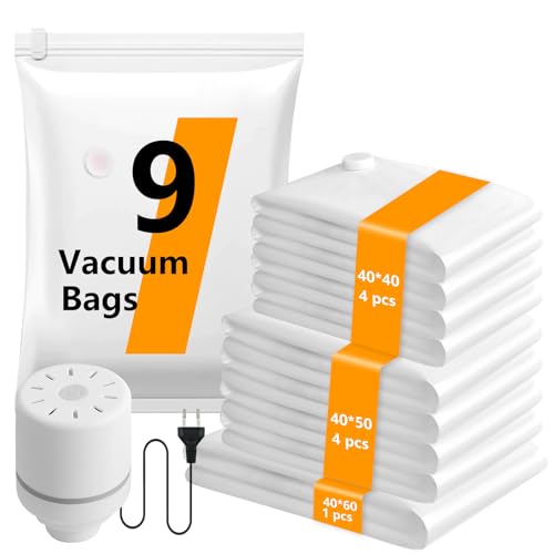 Vakuumbeutel für Kleidung mit Elektrischer Luftpumpe, 9 Stück Vacuum Bags (4x 40x40cm, 4x 40x50cm, 1x40x60cm), Wiederverwendbare Vakuumbeutel für Reisen, Bettdecken, Umzug, Bettwäsche